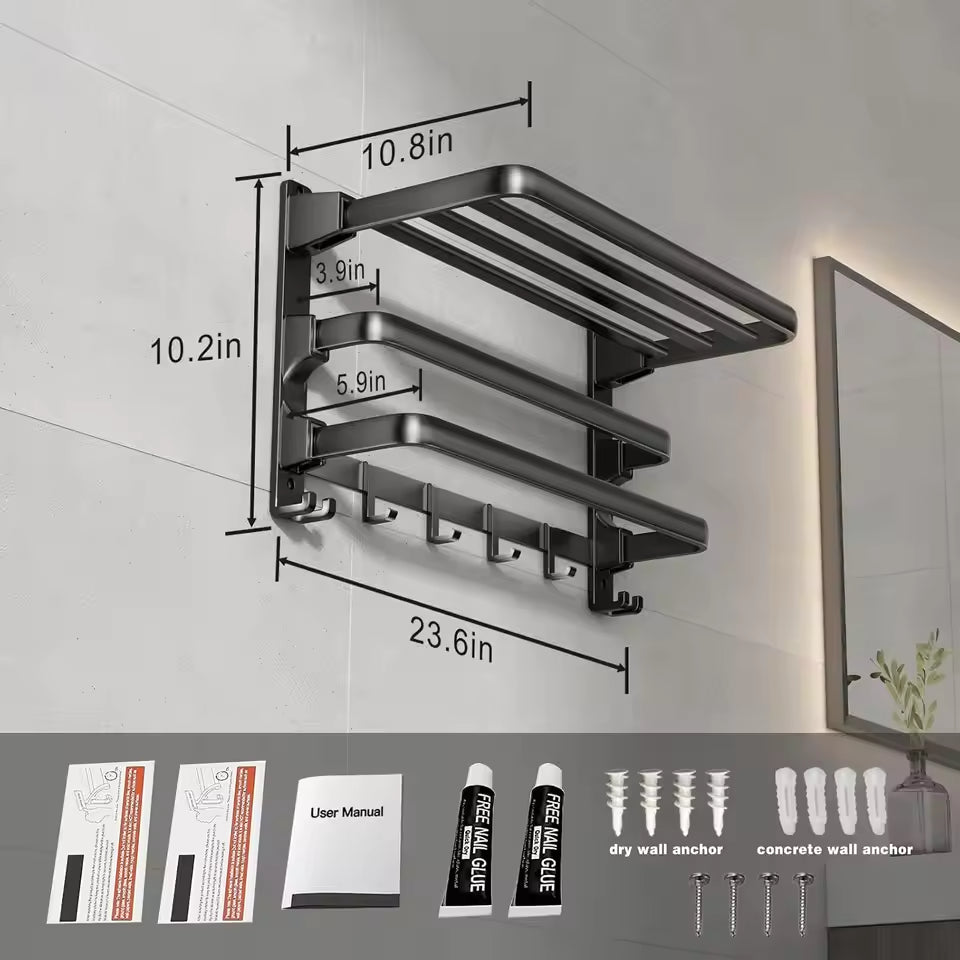 24-Inch Towel Rack with 7 Hooks – Matte Black