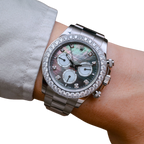 Daytona 40mm Oyster White Gold Black and White Mother of Pearl Diamond Dial & Bezel 126579RBR