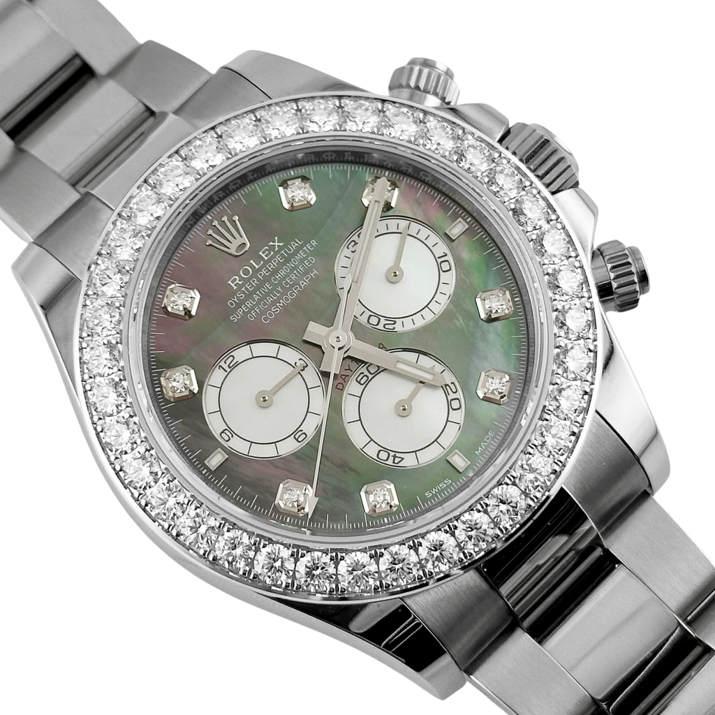 Daytona 40mm Oyster White Gold Black and White Mother of Pearl Diamond Dial & Bezel 126579RBR