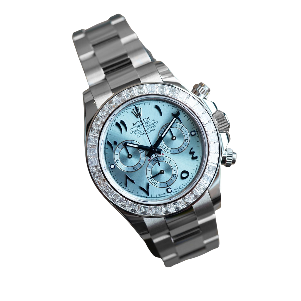 Daytona 40mm Baguette Diamond Bezel IceBlue Arabic Dial 116576TBR-0005