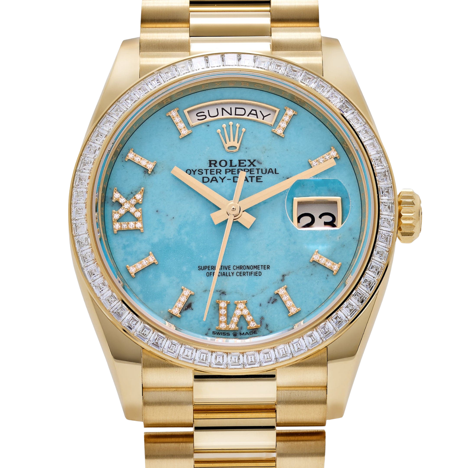 Day-Date 36mm Yellow Gold Turquoise Stone Diamond Roman Numerals Dial Diamond Bezel 128398TBR