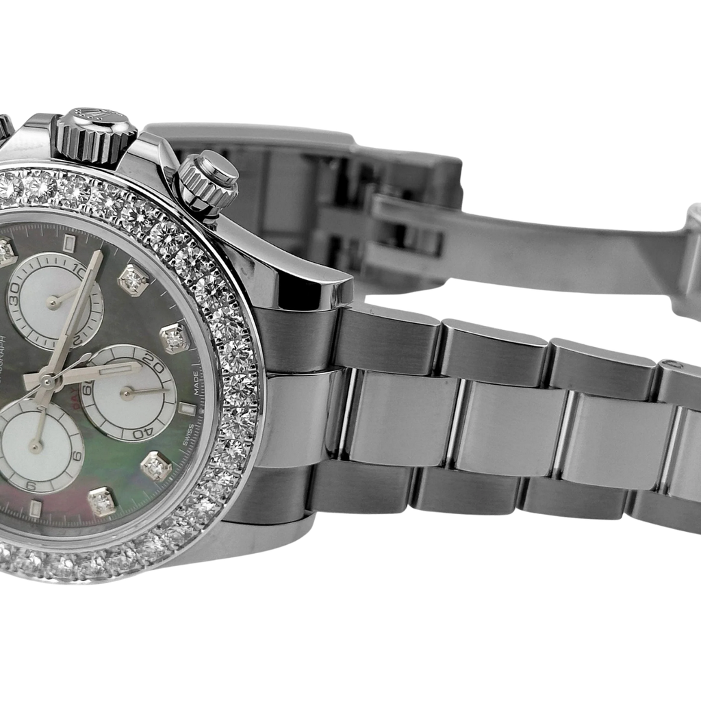 Daytona 40mm Oyster White Gold Black and White Mother of Pearl Diamond Dial & Bezel 126579RBR