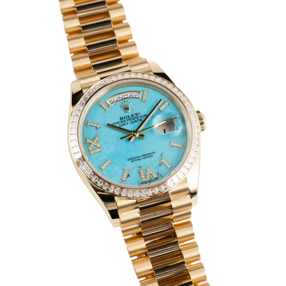 Day-Date 36mm Yellow Gold Turquoise Stone Diamond Roman Numerals Dial Diamond Bezel 128398TBR