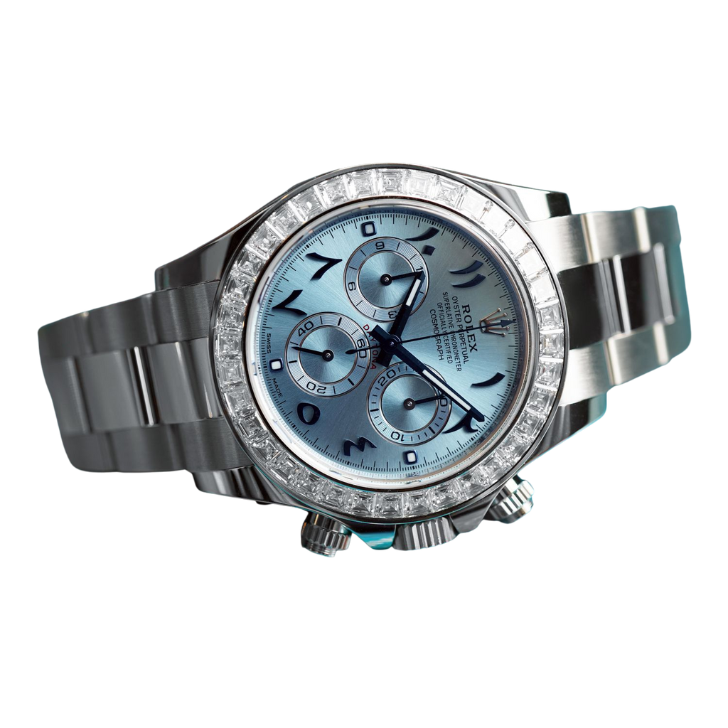 Daytona 40mm Baguette Diamond Bezel IceBlue Arabic Dial 116576TBR-0005