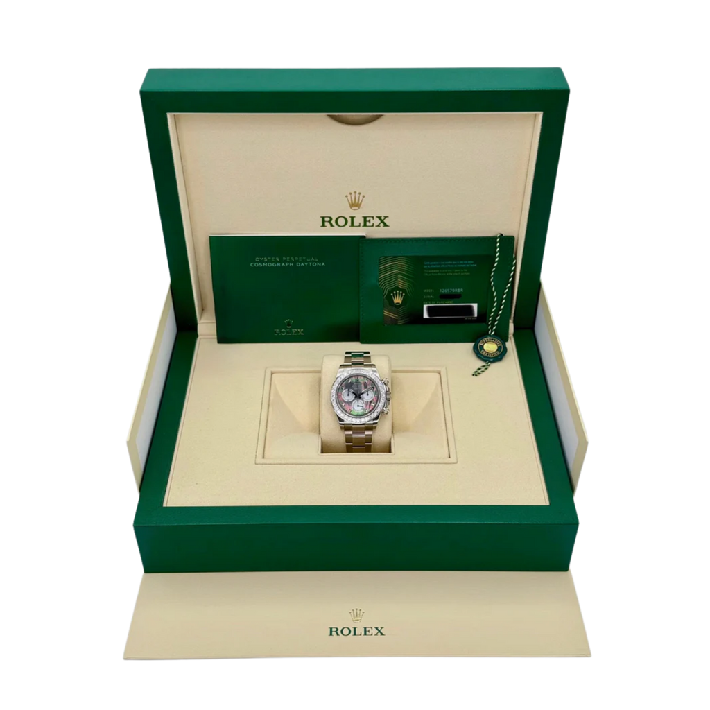 Daytona 40mm Oyster White Gold Black and White Mother of Pearl Diamond Dial & Bezel 126579RBR