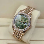 Day-Date President 40mm Everose Gold Olive Green Roman Dial Diamond Bezel - 228345RBR - New 2025