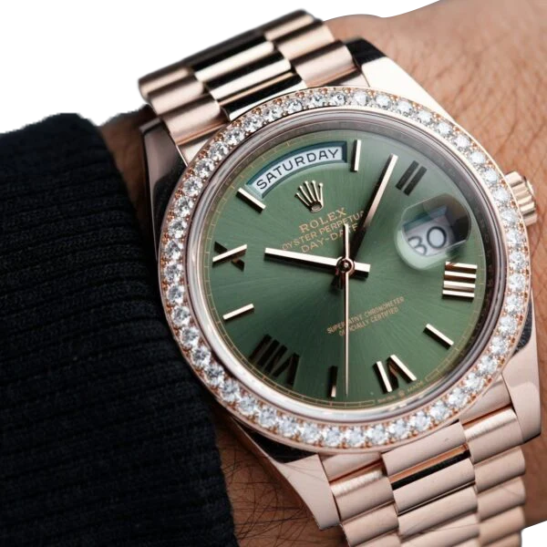 Day-Date President 40mm Everose Gold Olive Green Roman Dial Diamond Bezel - 228345RBR - New 2025