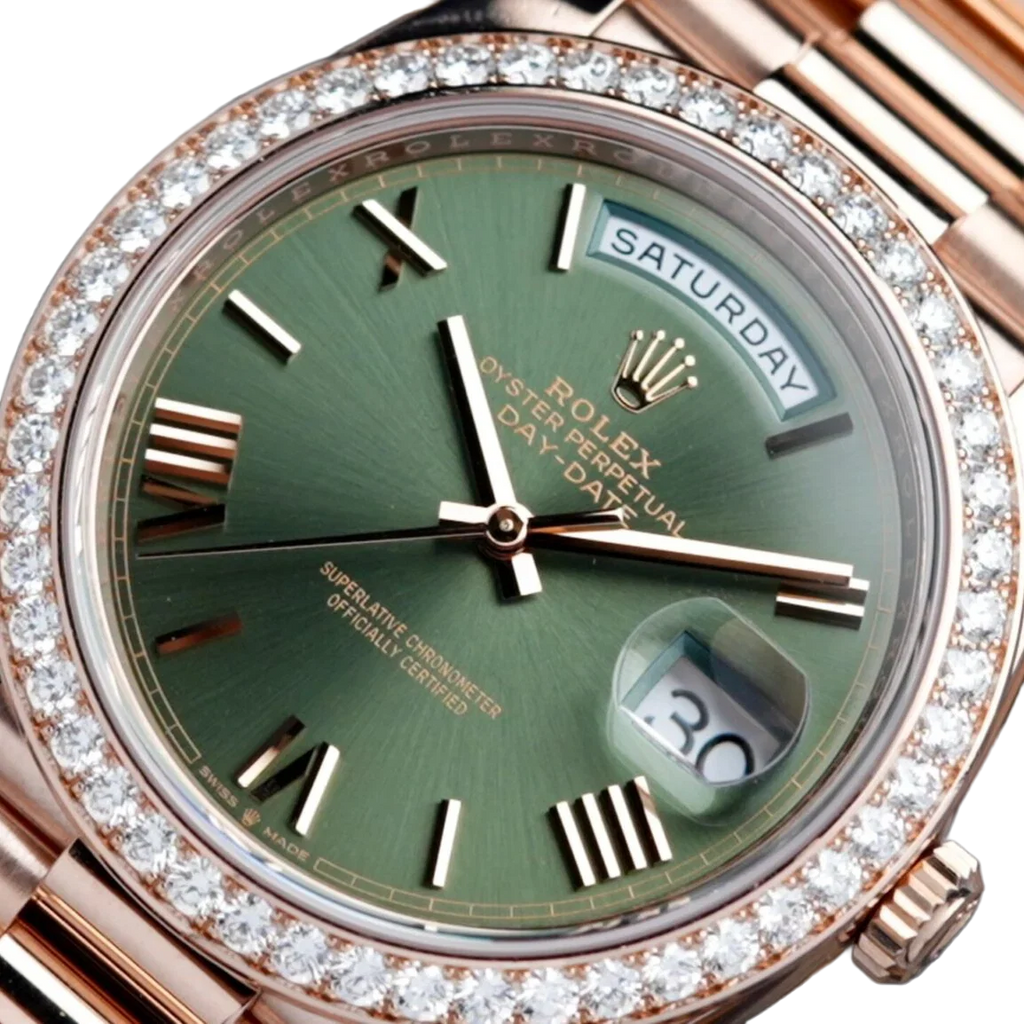 Day-Date President 40mm Everose Gold Olive Green Roman Dial Diamond Bezel - 228345RBR - New 2025