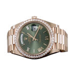 Day-Date President 40mm Everose Gold Olive Green Roman Dial Diamond Bezel - 228345RBR - New 2025