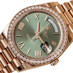 Day-Date President 40mm Everose Gold Olive Green Roman Dial Diamond Bezel - 228345RBR - New 2025