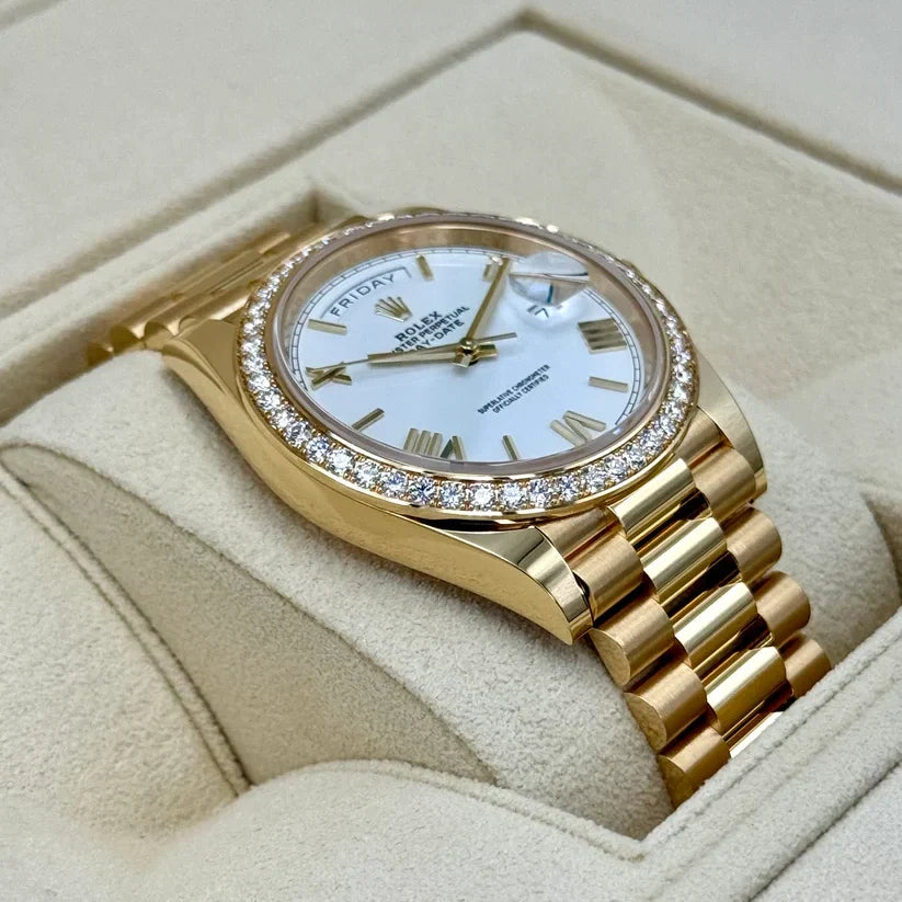 Day-Date 40 228348RBR Yellow Gold Diamond Bezel White Dial