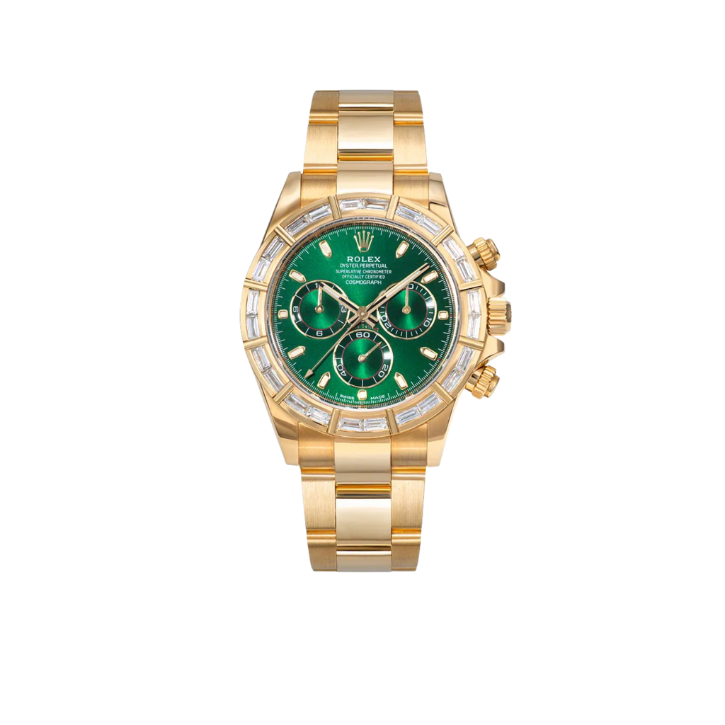 Daytona 40mm Green Dial 18K Yellow Gold Baguette Diamond Bezel Watch 116568BR (Super Clone)