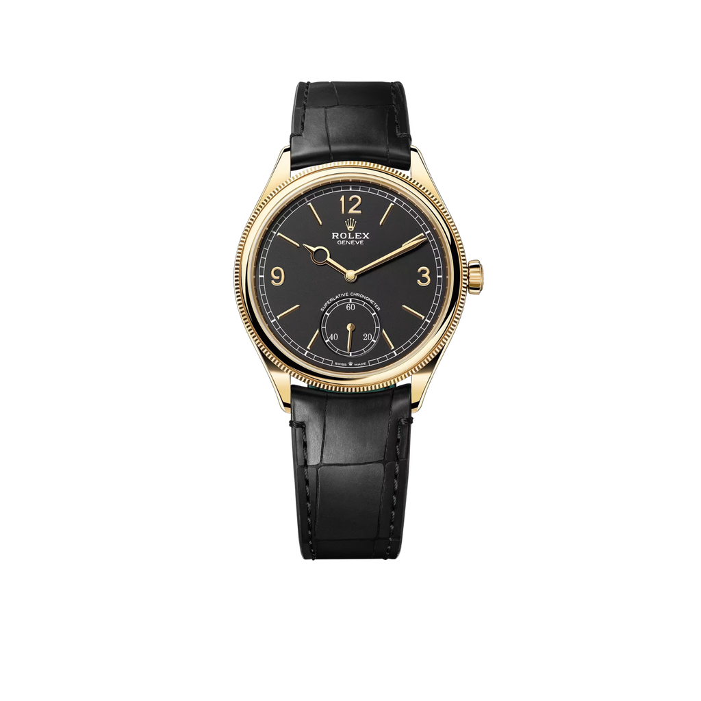 Perpetual 1908 39mm Yellow Gold Black Dial Black Alligator Leather Strap m52508-0002