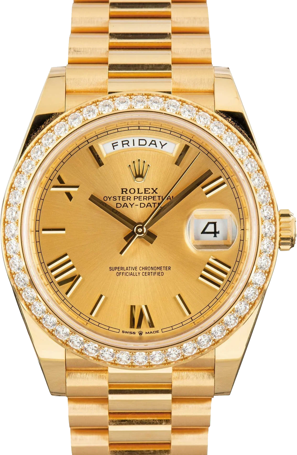Day-Date 40 228348RBR Yellow Gold Diamond Bezel Champagne Roman Dial