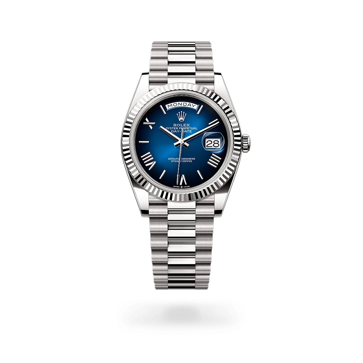 Day-date Oyster Perpetual 40mm White Gold Blue Ombré Dial, Fluted bezel M228239-0076