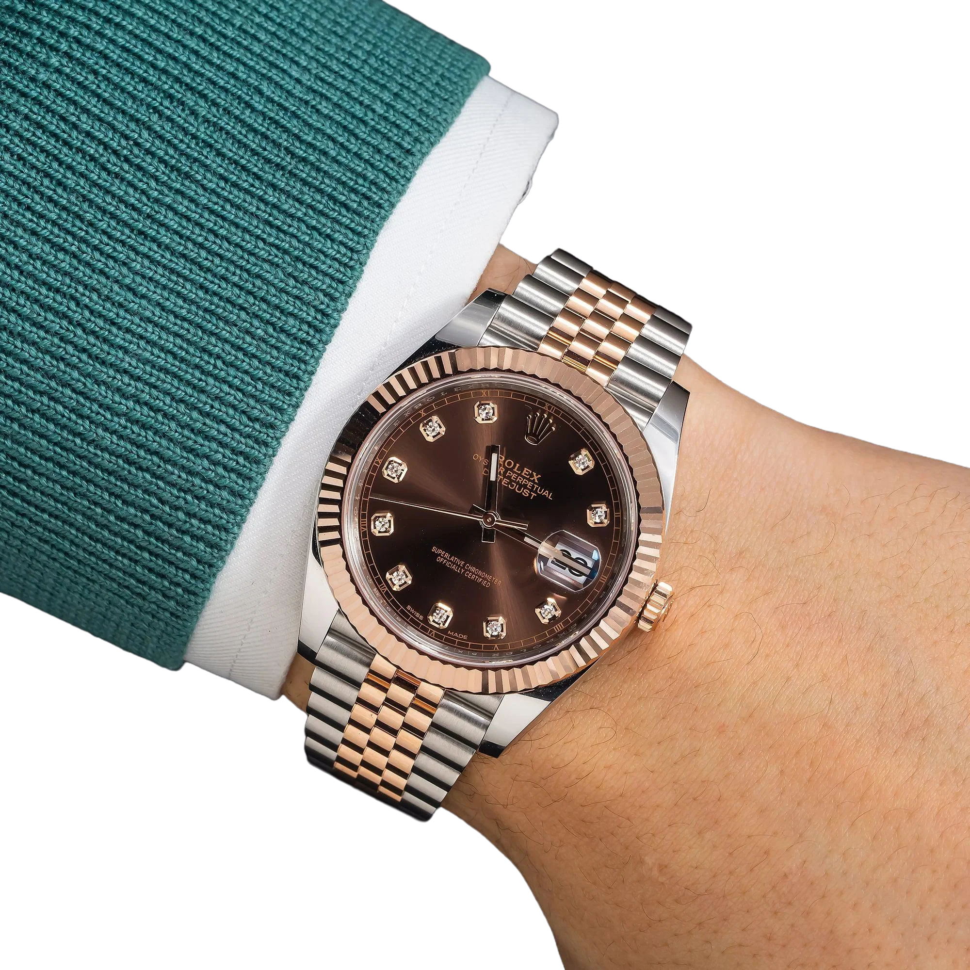 Datejust 41MM 126331 Chocolate Diamond Dial Fluted Bezel Two Tone Rose Gold Jubilee Bracelet