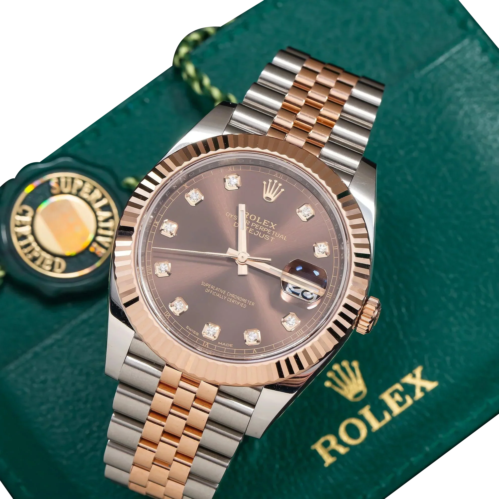 Datejust 41MM 126331 Chocolate Diamond Dial Fluted Bezel Two Tone Rose Gold Jubilee Bracelet