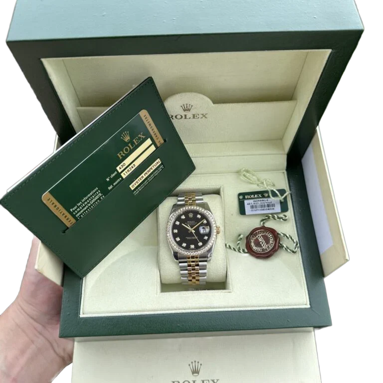 Datejust 36mm Black Dial Steel Yellow Gold Diamond Mens Watch 116243