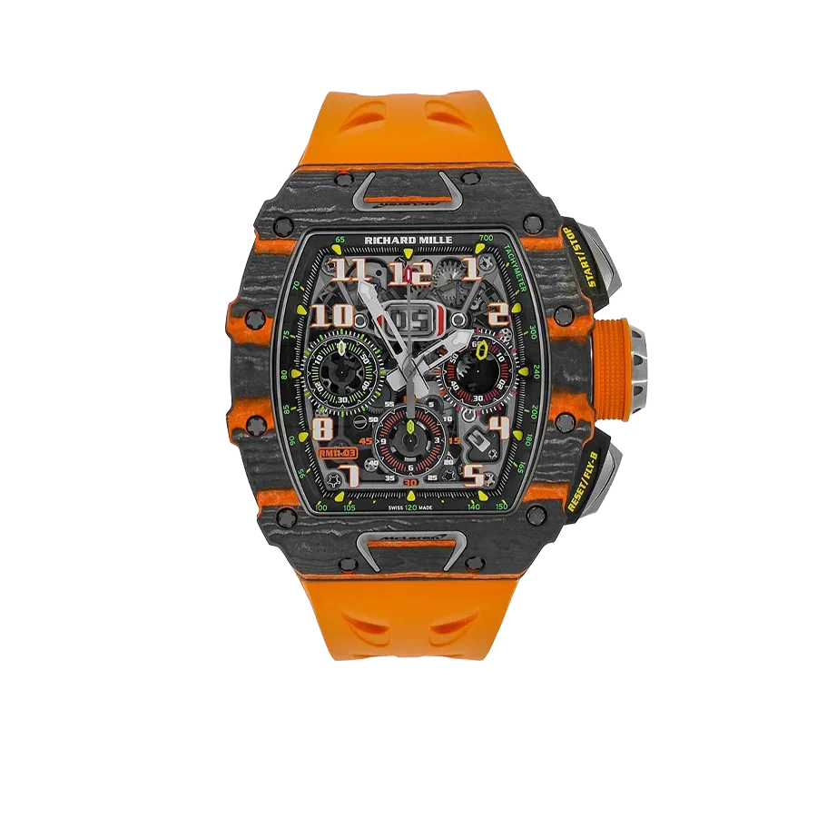 RM 11-03 McLaren Carbon TPT, Skeleton Dial, Orange Strap, 50 mm
