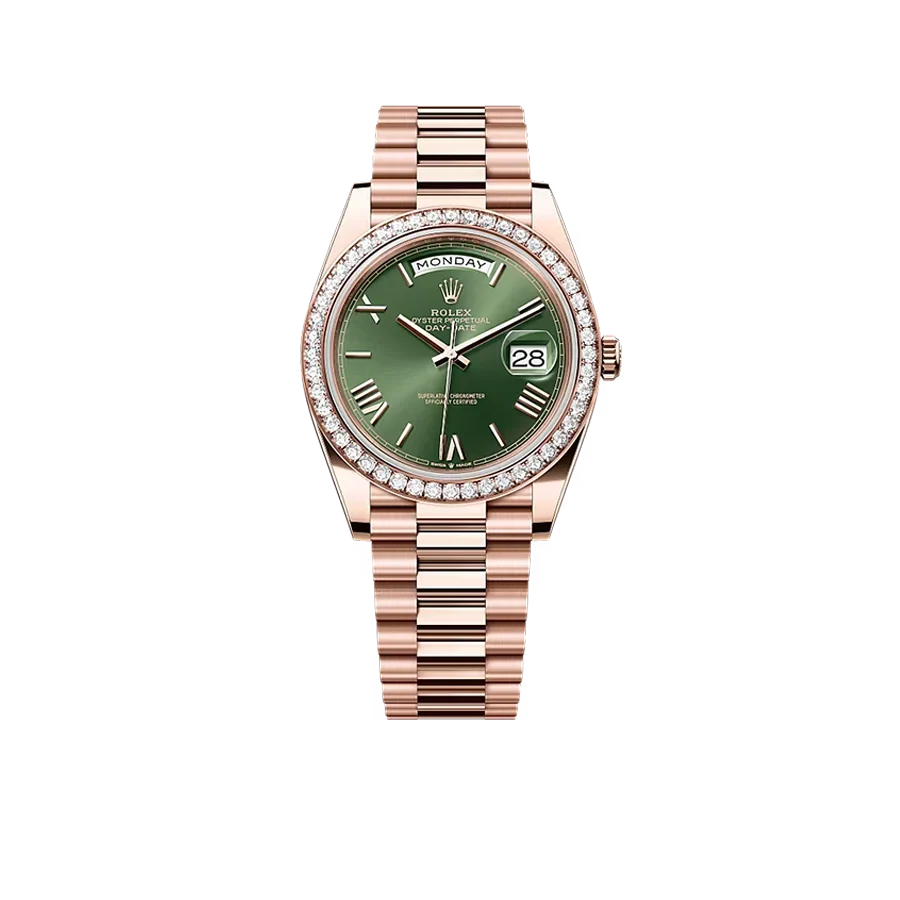 Day-Date President 40mm Everose Gold Olive Green Roman Dial Diamond Bezel - 228345RBR - New 2025