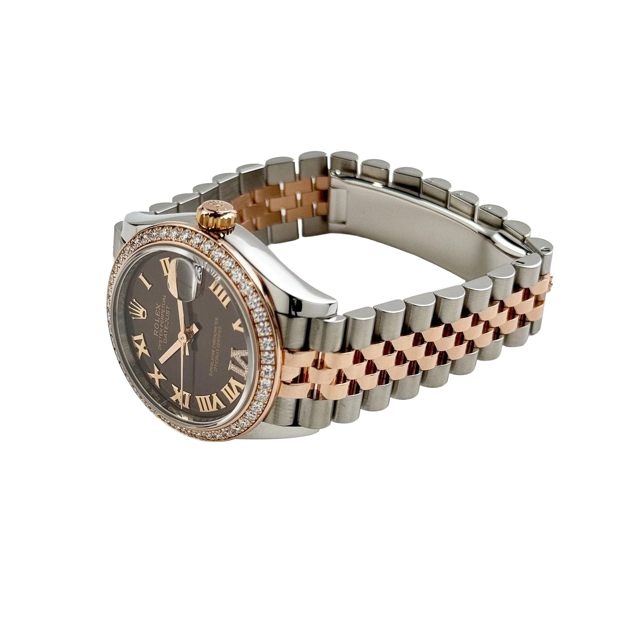Lady-Datejust 31mm 278381RBR Stainless Steel Rose Gold Brown Roman Numerals Diamond Dial Diamond Bezel Jubilee