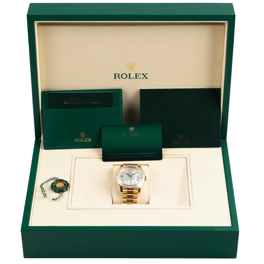 Day-Date 40 228398TBR Yellow Gold Mother of Pearl Diamond Baguette Dial and Bezel