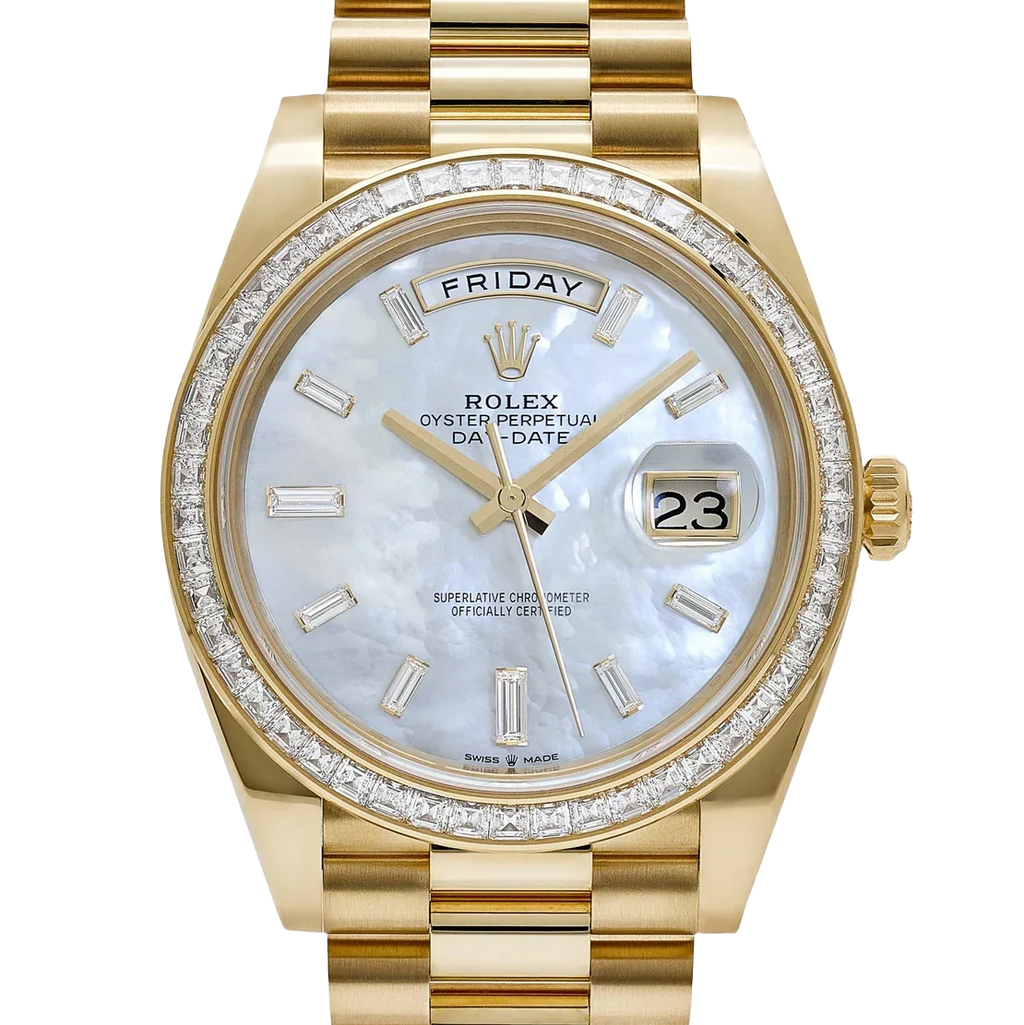 Day-Date 40 228398TBR Yellow Gold Mother of Pearl Diamond Baguette Dial and Bezel