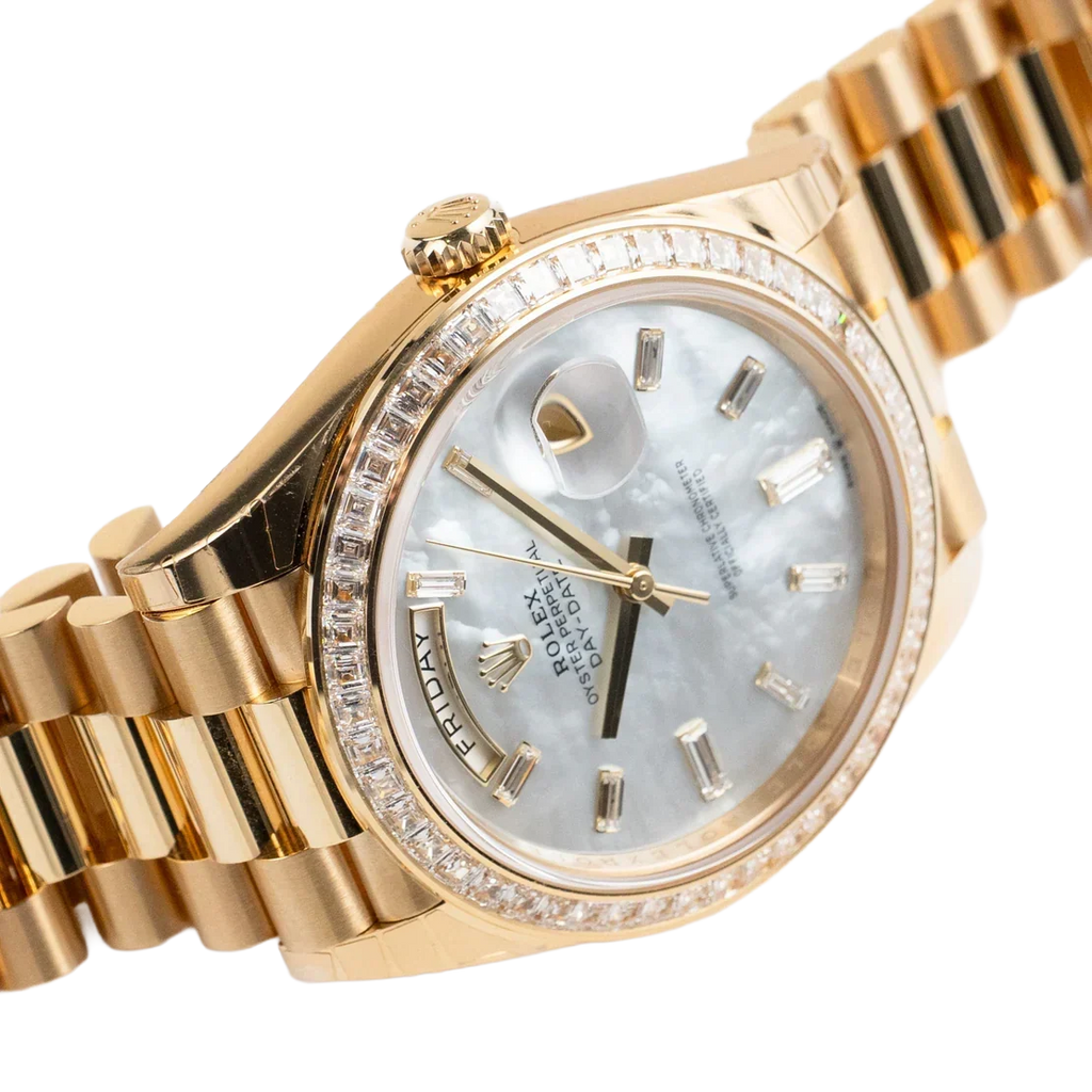 Day-Date 40 228398TBR Yellow Gold Mother of Pearl Diamond Baguette Dial and Bezel