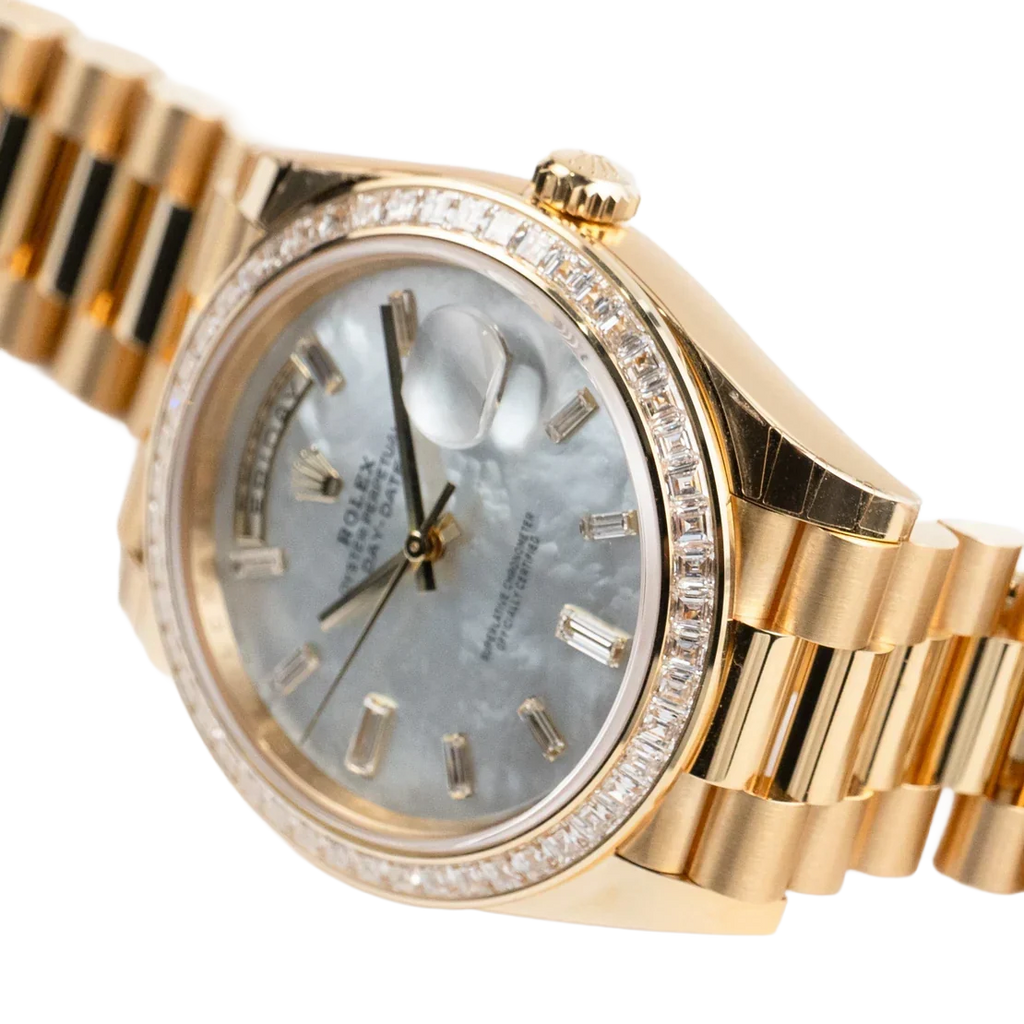 Day-Date 40 228398TBR Yellow Gold Mother of Pearl Diamond Baguette Dial and Bezel