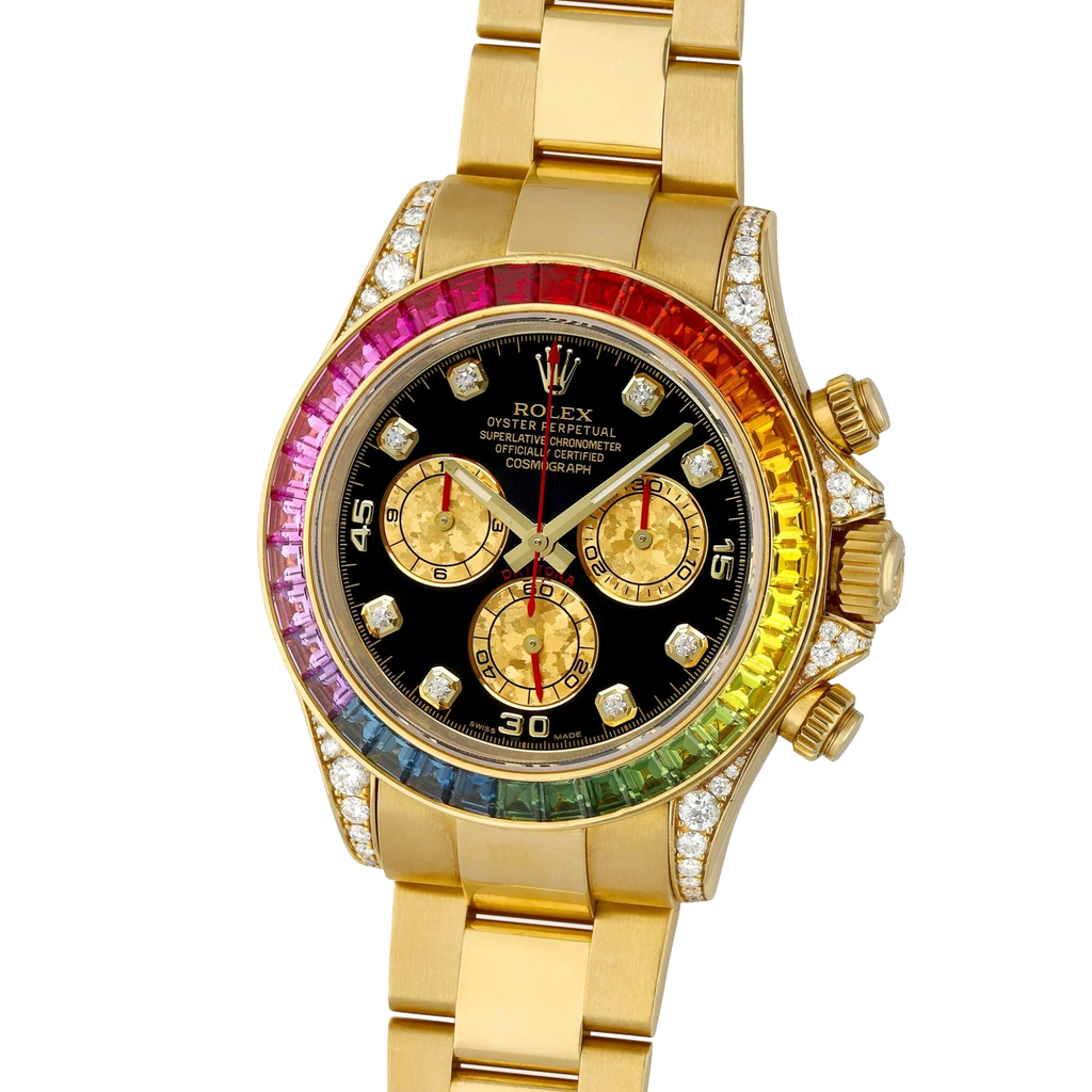 Daytona 116598RBOW Rainbow Yellow Gold Black Diamond Dial Sapphire Bezel