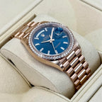 Day-Date 36mm 128345RBR Rose Gold Diamond Bezel Blue-Green Baguette Marker Dial