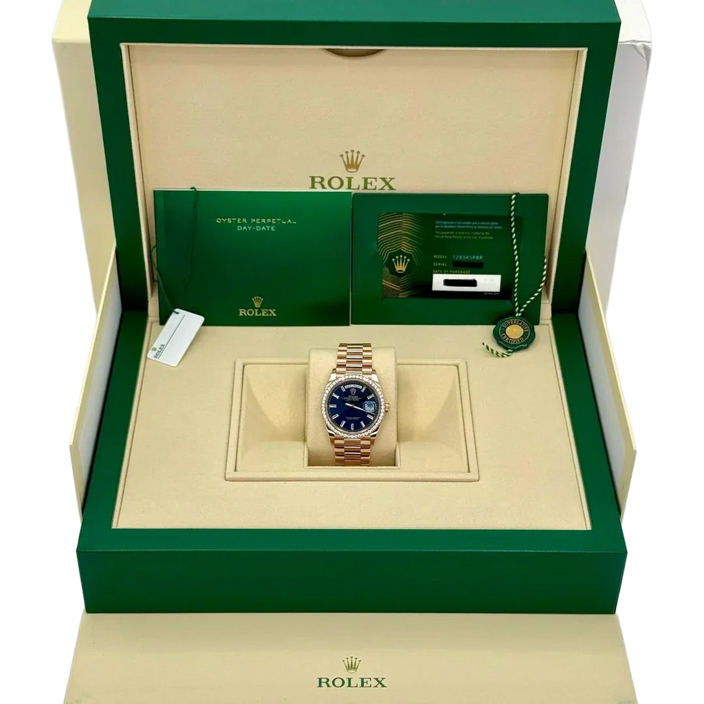Day-Date 36mm 128345RBR Rose Gold Diamond Bezel Blue-Green Baguette Marker Dial
